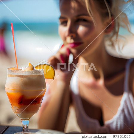 An abstract portrait of a beautiful fictional girl with a cocktail. A fashionable pretty woman. Creative pretty girl. Generative AI 97261095