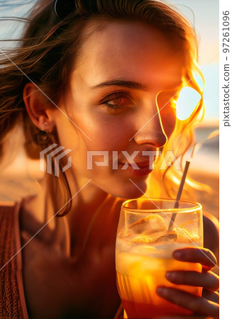 An abstract portrait of a beautiful fictional girl with a cocktail. A fashionable pretty woman. Creative pretty girl. Generative AI 97261096