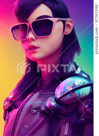 Portrait of a sci-fi cyberpunk girl. High-tech futuristic woman from the future. The concept of virtual reality and cyberpunk. Generative AI. 97261098