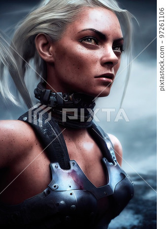 Portrait of a sci-fi cyberpunk girl. High-tech futuristic woman from the future. The concept of virtual reality and cyberpunk. Generative AI. 97261106