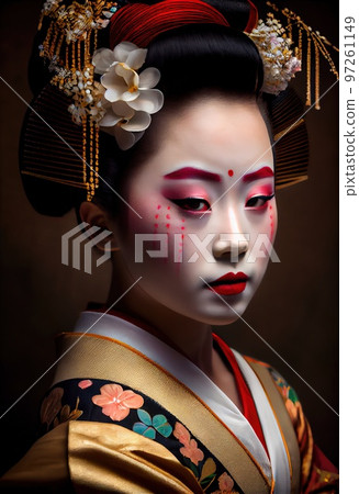 A young beautiful geisha in a kimono. Portrait of a pretty asian woman. Fashionable cute woman. Generative AI 97261149