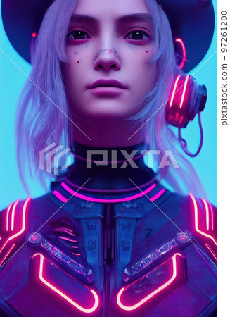 Portrait of a sci-fi cyberpunk girl. High-tech futuristic woman from the future. The concept of virtual reality and cyberpunk. Generative AI. 97261200