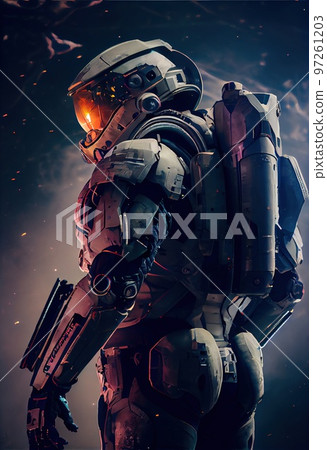 Portrait of an fictional astronaut in a spacesuit. High-tech astronaut from the future. The concept of space travel. Generative AI Portrait of an fictional astronaut in a spacesuit. High-tech astronaut from the future. The concept of space travel. Generative AI 97261203