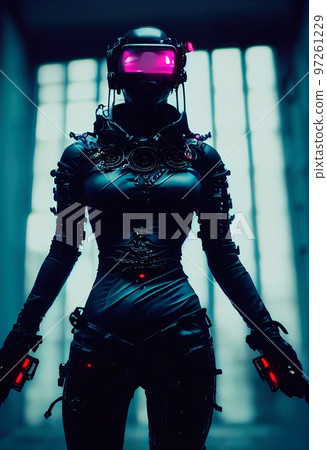 Portrait of a sci-fi cyberpunk girl. High-tech futuristic woman from the future. The concept of virtual reality and cyberpunk. Generative AI. 97261229