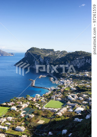 Touristic Town on Capri Island in Bay of Naples, Italy. 97261559