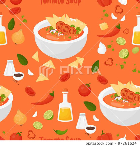 Seamless pattern with Mexican Tomato Soup on orange background with products and vegetables. Vector illustration Seamless pattern with Mexican Tomato Soup on orange background with products and vegetables. Vector illustration 97261624