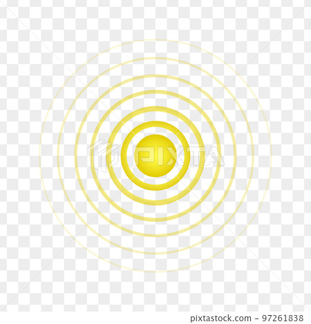 Yellow point with concentric circles. Symbol of aim, target, pain, healing, hurt, painkilling. Round localization icon. Radar, sound or sonar wave sign on transparent background Yellow point with concentric circles. Symbol of aim, target, pain, healing, hurt, painkilling. Round localization icon. Radar, sound or sonar wave sign on transparent background 97261838