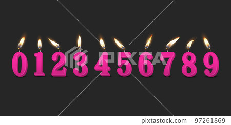 Vector 3d Realistic Paraffin or Wax Burning Pink Birthday Party Candles, Numbers and Different Flame of a Candle Icon Set Isolated. Design Template, Clipart, Birthday Concept. Front View 97261869