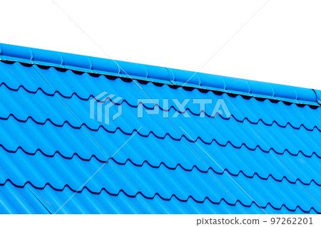 Blue tiles of the roof of a house or building against the white isolated background 97262201