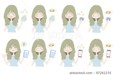 [錢插圖/拿著錢包、卡片、計算器和智能手機的女孩] 面部表情和姿勢的變化集 97262235
