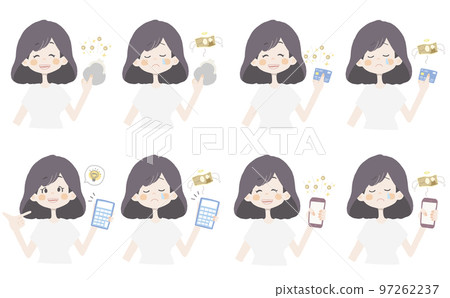 [Money illustration/a girl holding a wallet, a card, a calculator, and a smartphone] Variation set of facial expressions and poses 97262237