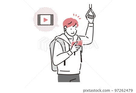 A college student boy watching a smartphone video on a school train 97262479