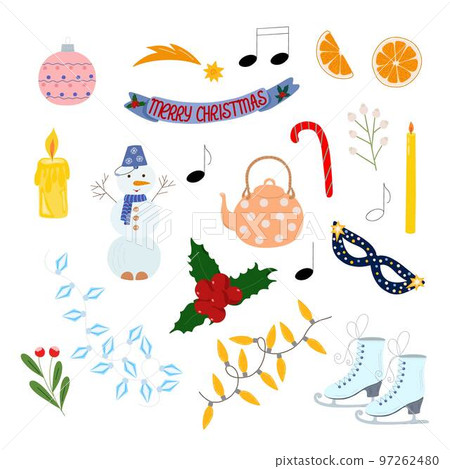 Christmas elements set holly plant, skate, snowman, candle, orange, star, garland, decoration hand drawn in simple cartoon style for winter holidays greeting card, invitation, banner, decor, stickers 97262480
