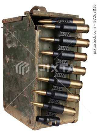 Ammo box with ammunition belt and 14.5mm cartridges for a 14.5mm KPV heavy machine gun used by the former Soviet Union isolated on white background. Ammo box with ammunition belt and 14.5mm cartridges for a 14.5mm KPV heavy machine gun used by the former Soviet Union isolated on white background. 97262816