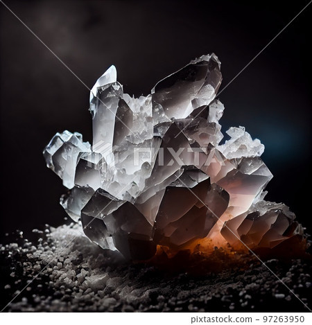 Shiny grey Crystal salt gem isolated on black background. Natural precious mineral stone artistic illustration. Decorative white Crystal salt gemstone poster. Shiny grey Crystal salt gem isolated on black background. Natural precious mineral stone artistic illustration. Decorative white Crystal salt gemstone poster. 97263950