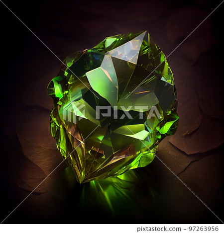 Shiny Green Peridot crystal gem isolated on black background. Natural precious mineral stone artistic illustration. Decorative Green Peridot crystal realistic gemstone square poster. Shiny Green Peridot crystal gem isolated on black background. Natural precious mineral stone artistic illustration. Decorative Green Peridot crystal realistic gemstone square poster. 97263956