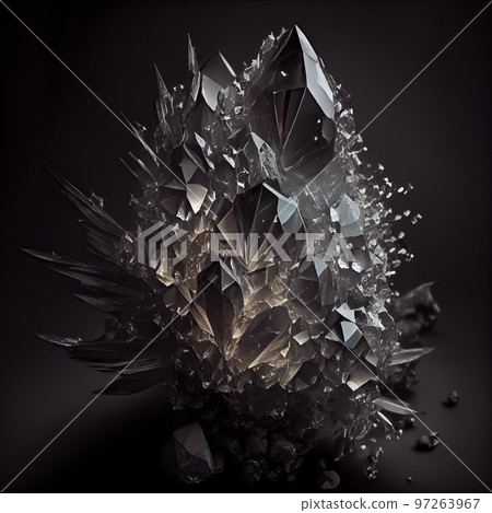 Shiny Grey diamond gem isolated on black background. Natural precious mineral stone artistic illustration. Decorative Grey diamond crystal gemstone realistic square poster. 97263967