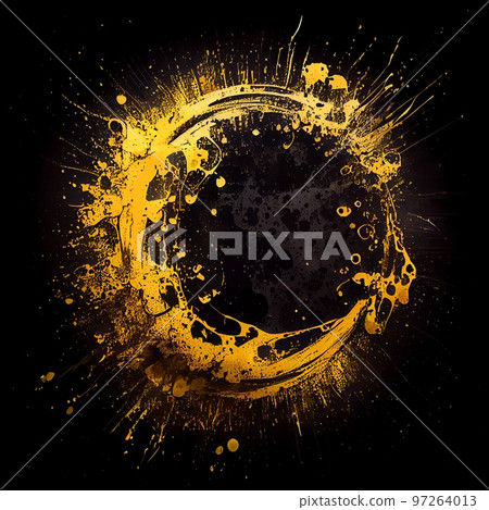 Yellow paint circle splash isolated on black background. Yellow color acrylic blots abstract splashes. Grunge circle frame design. Yellow paint circle splash isolated on black background. Yellow color acrylic blots abstract splashes. Grunge circle frame design. 97264013