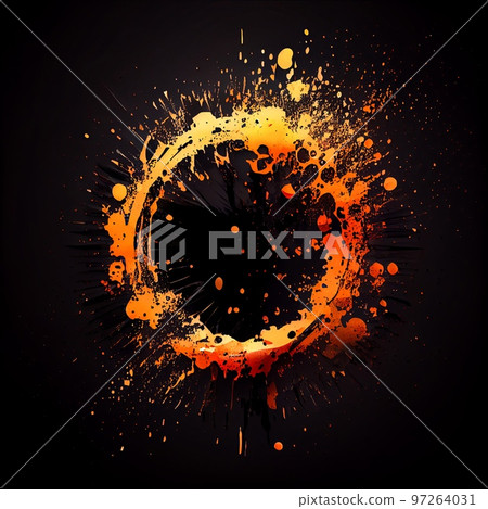 Orange paint circle splash isolated on black background. Orange color acrylic blots abstract splashes. Grunge circle frame design. Orange paint circle splash isolated on black background. Orange color acrylic blots abstract splashes. Grunge circle frame design. 97264031