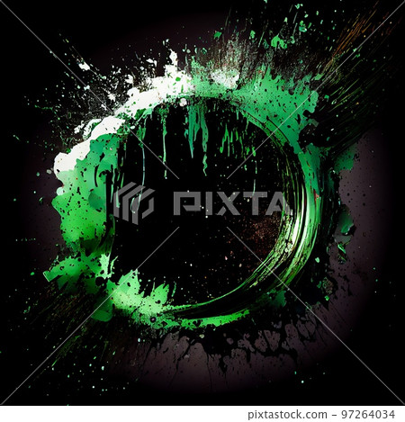 Green paint circle splash isolated on black background. Green color acrylic blots abstract splashes. Grunge circle frame design. Green paint circle splash isolated on black background. Green color acrylic blots abstract splashes. Grunge circle frame design. 97264034