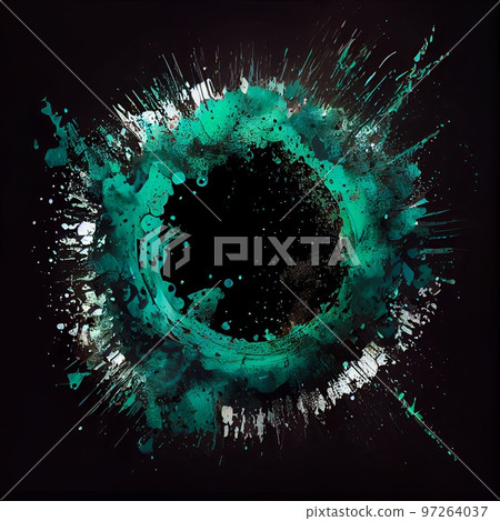 Green paint circle splash isolated on black background. Green color acrylic blots abstract splashes. Grunge circle frame design. 97264037