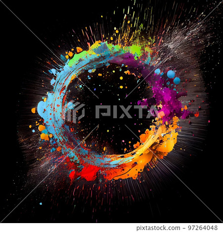 Neonpaint circle splash isolated on black background. Neoncolor acrylic blots abstract splashes. Grunge circle frame design. 97264048