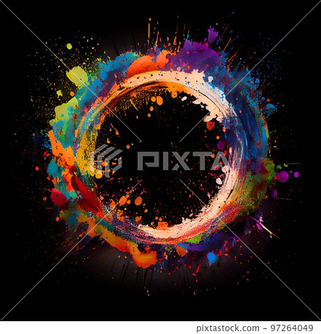 Colorfull paint circle splash isolated on black background. Colorfull color acrylic blots abstract splashes. Grunge circle frame design. 97264049