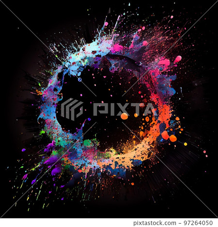 Colorfull paint circle splash isolated on black background. Colorfull color acrylic blots abstract splashes. Grunge circle frame design. 97264050