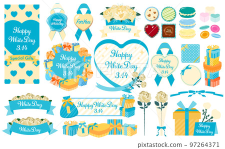White day vector frame and illustration set material with ribbons and hearts and gifts _ blue green _ transparent background 97264371