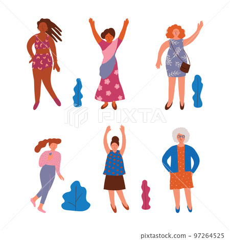 Diverse Woman Standing with Raised Hands Showing Self Confidence Vector Set Diverse Woman Standing with Raised Hands Showing Self Confidence Vector Set 97264525