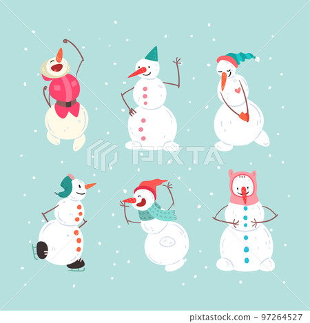 Funny Snowman Character with Carrot Nose Engaged in Different Activity Vector Set Funny Snowman Character with Carrot Nose Engaged in Different Activity Vector Set 97264527