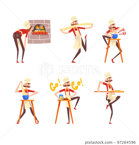 Moustached Male Pizza Maker in Apron Preparing Italian Pizza Kneading Dough Vector Set 97264596