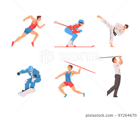 Man Character Running, Skiing, Doing Karate, Snowboarding, Playing Golf and Throwing Javelin Vector Set Man Character Running, Skiing, Doing Karate, Snowboarding, Playing Golf and Throwing Javelin Vector Set 97264670