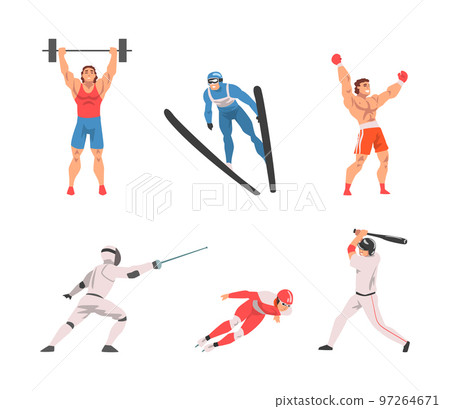 Man Character Lifting Barbell, Skiing, Boxing, Fencing, Ice Skating and Playing Baseball Vector Set Man Character Lifting Barbell, Skiing, Boxing, Fencing, Ice Skating and Playing Baseball Vector Set 97264671