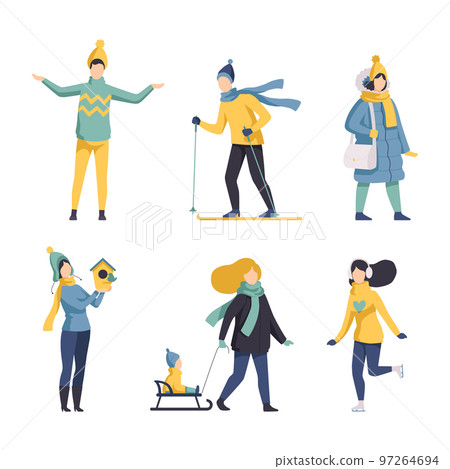 People Characters in Warm Winter Clothes Walking Outdoor in Cold Season Vector Set 97264694