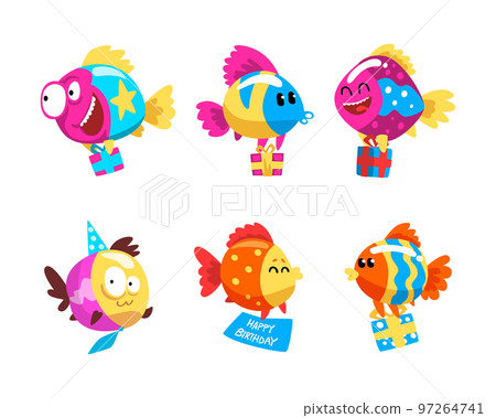 Funny Fish Character Floating with Gift Box Celebrating Holiday Vector Set Funny Fish Character Floating with Gift Box Celebrating Holiday Vector Set 97264741