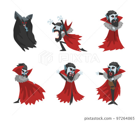 Count Dracula as Scary Vampire Character Wearing Red Cape Vector Set 97264865
