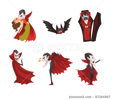 Count Dracula as Scary Vampire Character Wearing Red Cape Vector Set 97264867