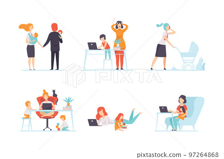 Man and Woman Parent Working from Home and Nursing Children Combining Job and Family Duty Vector Set 97264868