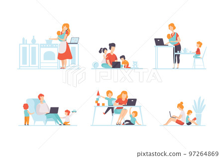 Man and Woman Parent Working from Home and Nursing Children Combining Job and Family Duty Vector Set 97264869