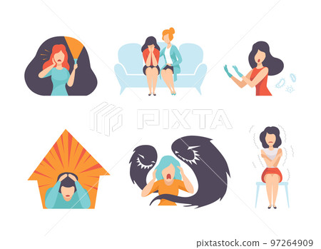 Man and Woman Having Mental Disorder and Psychic Illness Engaged in Psychotherapy and Treatment Vector Set 97264909