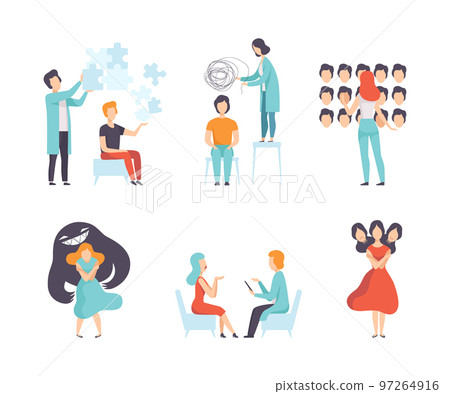 Man and Woman Having Mental Disorder and Psychic Illness Engaged in Psychotherapy and Treatment Vector Set 97264916