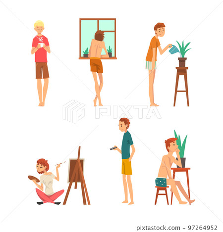 Man and Woman Staying Home Engaged in Different Leisure Activity Vector Set Man and Woman Staying Home Engaged in Different Leisure Activity Vector Set 97264952