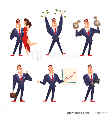 Successful Businessman Character as Strong Muscular Rich Man in Suit and Tie Engaged in Different Activity Vector Set 97264963