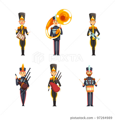 Military Band Member in Parade Uniform Playing Musical Instrument Vector Set 97264989