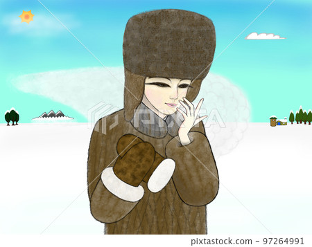 A woman in extreme cold _ exhaled breath is pure white _ midwinter snowy field 97264991