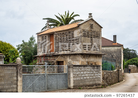 Beautiful village of Vigo in Spain, unique for its horreos, traditional granary barns 97265437