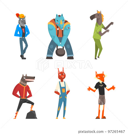 Animal Character Wearing Human Clothing Standing, Walking and Lifting Kettlebell Vector Set Animal Character Wearing Human Clothing Standing, Walking and Lifting Kettlebell Vector Set 97265467