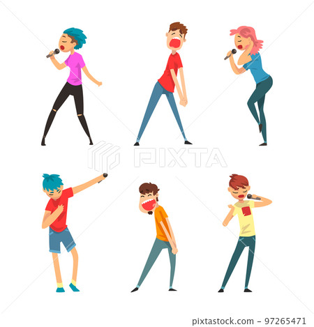 Rock and Pop Singers with Microphone Singing Performing on Stage Vector Set Rock and Pop Singers with Microphone Singing Performing on Stage Vector Set 97265471
