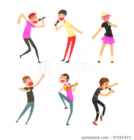 Rock and Pop Singers with Microphone Singing Performing on Stage Vector Set 97265473